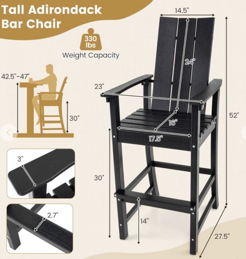 *Tall Adirondack Chair Outdoor Bar Stool with Ergonomic Backrest for Backyard - Black