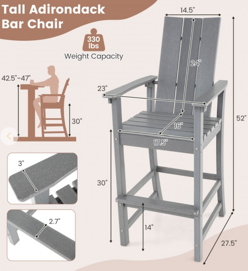 *Tall Adirondack Chair Outdoor Bar Stool with Ergonomic Backrest for Backyard - Gray