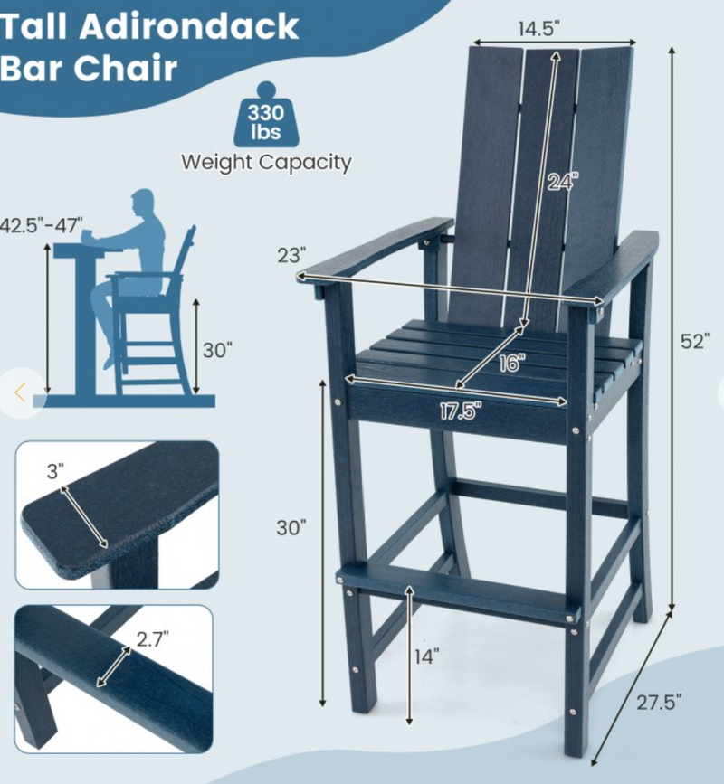 *Tall Adirondack Chair Outdoor Bar Stool with Ergonomic Backrest for Backyard - Blue