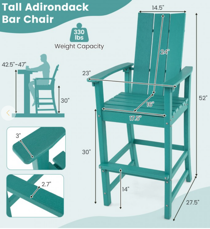 *Tall Adirondack Chair Outdoor Bar Stool with Ergonomic Backrest for Backyard - Turquoise