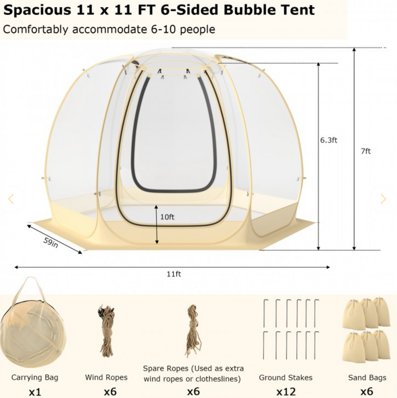 *backordered - 11 x 11 Feet Clear Dome Pop up Bubble Tent with Carrying Bag for 6-10 People