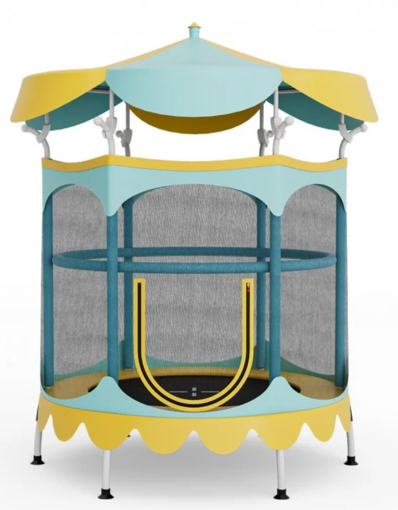 *64 Inch Kids Trampoline with Detachable Canopy and Safety Enclosure Net - Yellow