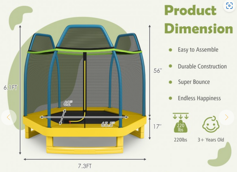 *7 Feet Kids Recreational Bounce Jumper Trampoline with Enclosure - Yellow