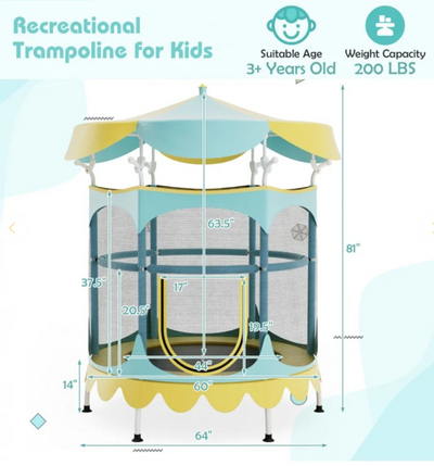 *64 Inch Kids Trampoline with Detachable Canopy and Safety Enclosure Net - Yellow