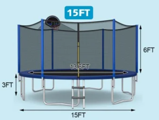 *12/14/15/16 Feet Outdoor Recreational Trampoline with Enclosure Net - 15 ft