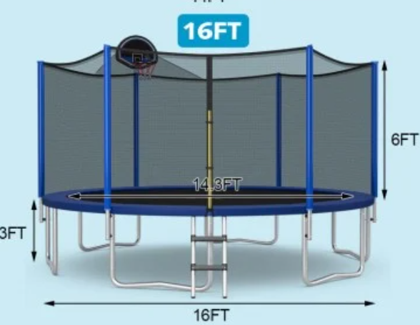 *12/14/15/16 Feet Outdoor Recreational Trampoline with Enclosure Net - 16 ft