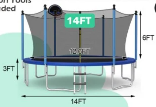 *12/14/15/16 Feet Outdoor Recreational Trampoline with Ladder and Enclosure Net - 14 ft