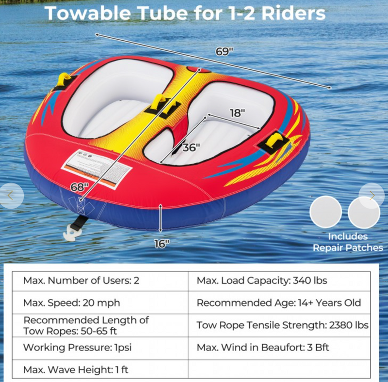 *1 or 2 Person Inflatable Towable Tube for Boating with Drainage