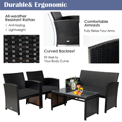 4 Pieces Patio Rattan Cushioned Furniture Set with Coffee Table-Black