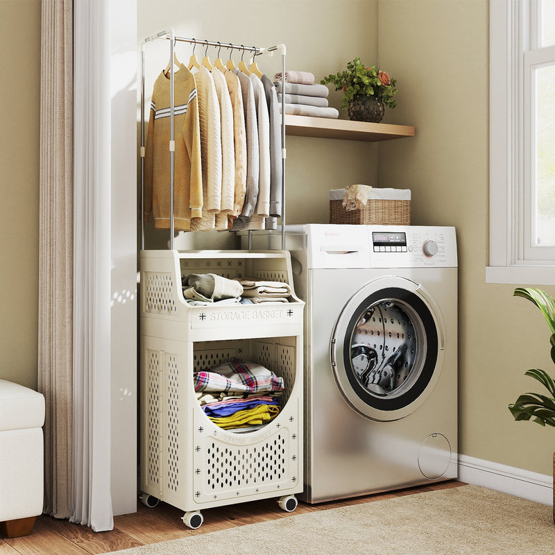 3-Tiers Laundry Cart Folding Hamper with Hanging Bar and 8 Hanging Hooks