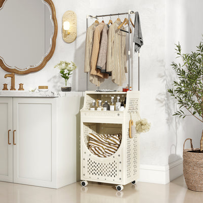 3-Tiers Laundry Cart Folding Hamper with Hanging Bar and 8 Hanging Hooks