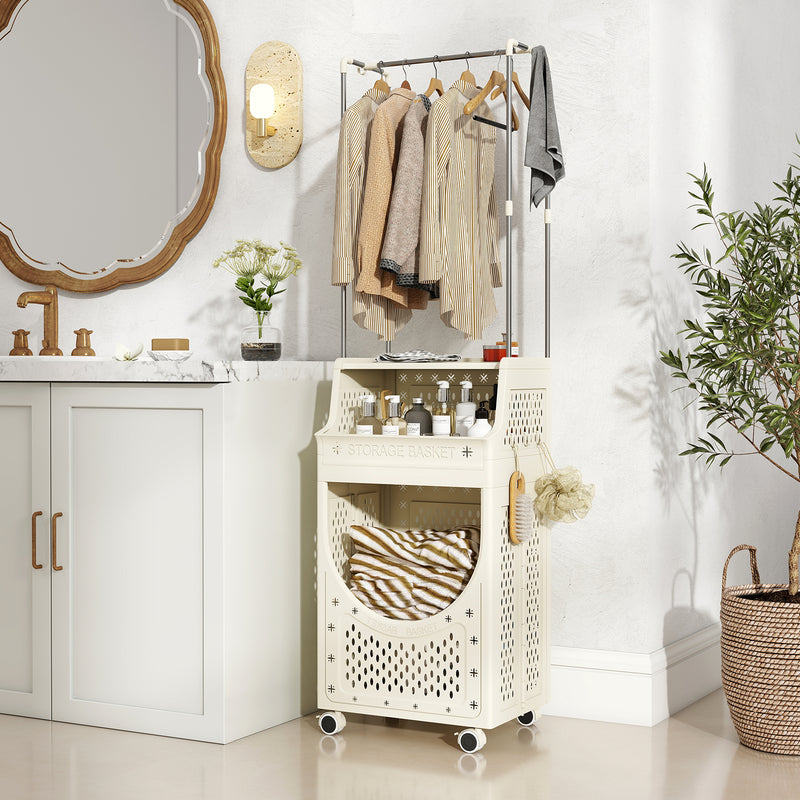 3-Tiers Laundry Cart Folding Hamper with Hanging Bar and 8 Hanging Hooks