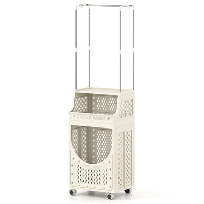 3-Tiers Laundry Cart Folding Hamper with Hanging Bar and 8 Hanging Hooks
