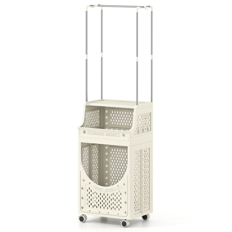 3-Tiers Laundry Cart Folding Hamper with Hanging Bar and 8 Hanging Hooks