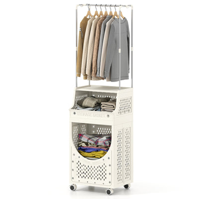 3-Tiers Laundry Cart Folding Hamper with Hanging Bar and 8 Hanging Hooks