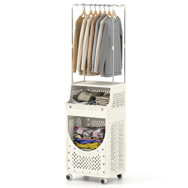 3-Tiers Laundry Cart Folding Hamper with Hanging Bar and 8 Hanging Hooks