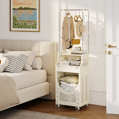 3-Tiers Laundry Cart Folding Hamper with Hanging Bar and 8 Hanging Hooks