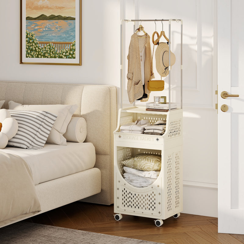 3-Tiers Laundry Cart Folding Hamper with Hanging Bar and 8 Hanging Hooks
