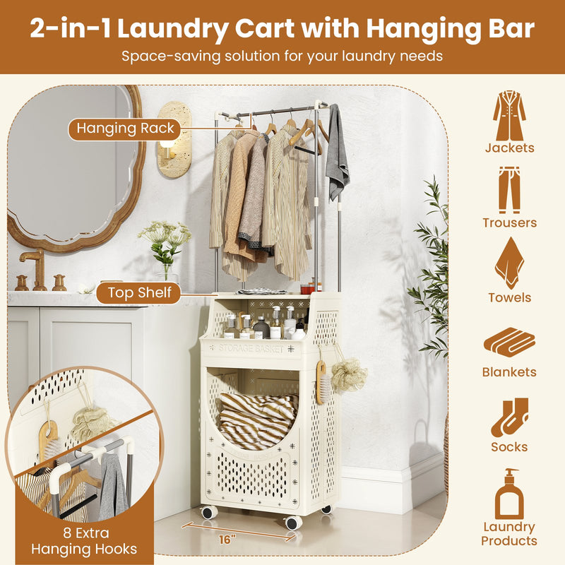 3-Tiers Laundry Cart Folding Hamper with Hanging Bar and 8 Hanging Hooks