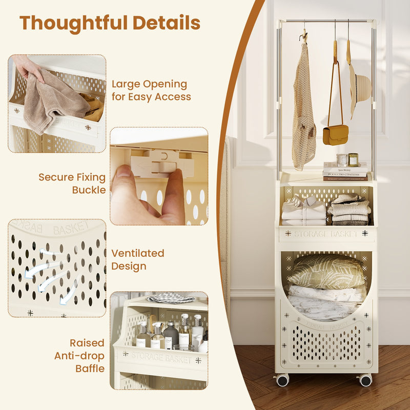 3-Tiers Laundry Cart Folding Hamper with Hanging Bar and 8 Hanging Hooks