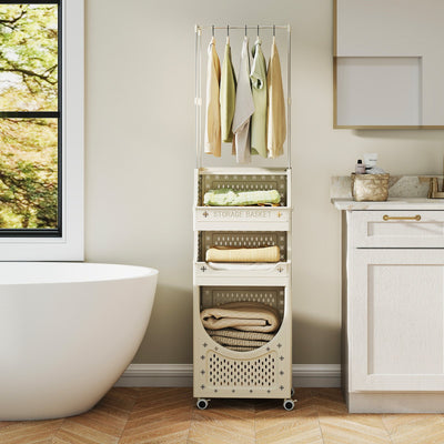 4-Tier Laundry Cart Folding Hamper with Hanging Bar and 8 Hanging Hooks