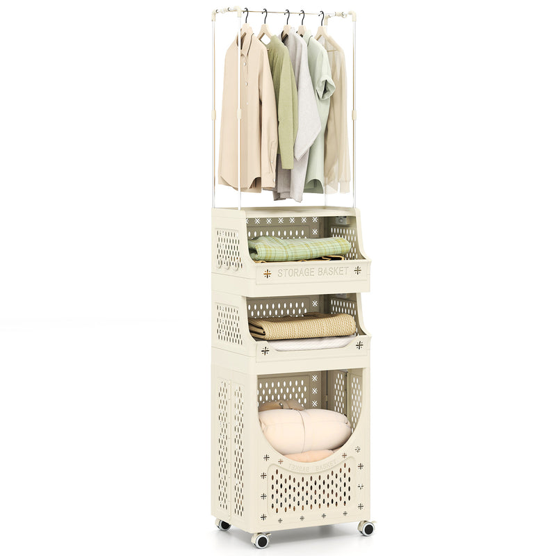 4-Tier Laundry Cart Folding Hamper with Hanging Bar and 8 Hanging Hooks