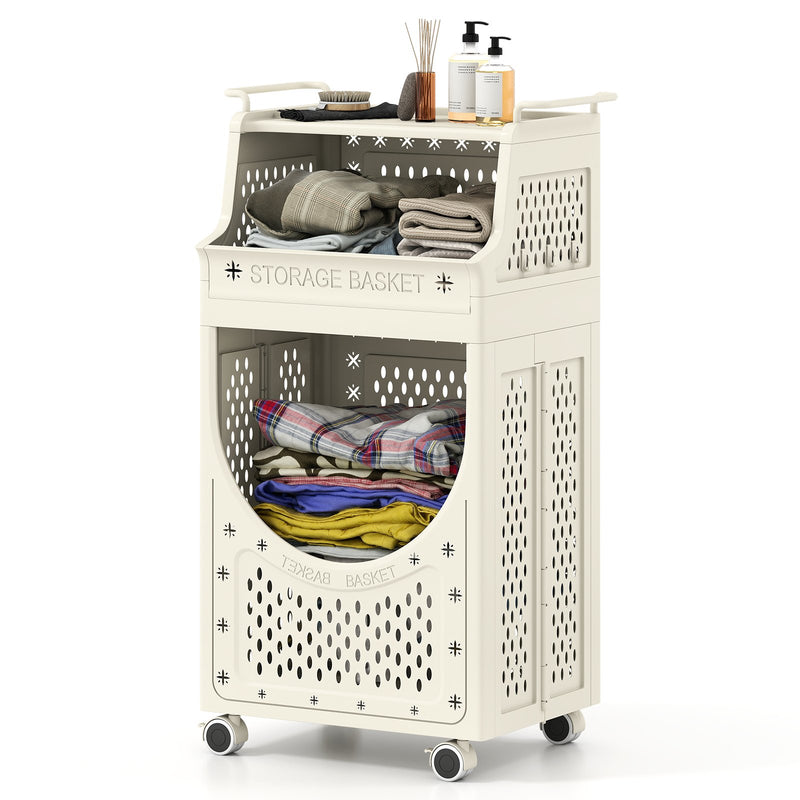 3-Tier Laundry Cart Folding Hamper with Lockable Wheels