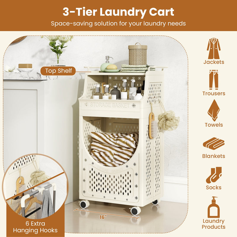 3-Tier Laundry Cart Folding Hamper with Lockable Wheels