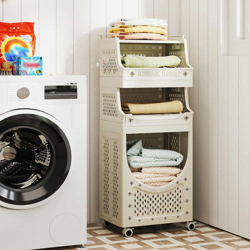 4-Tier Laundry Cart Folding Hamper with Lockable Wheels