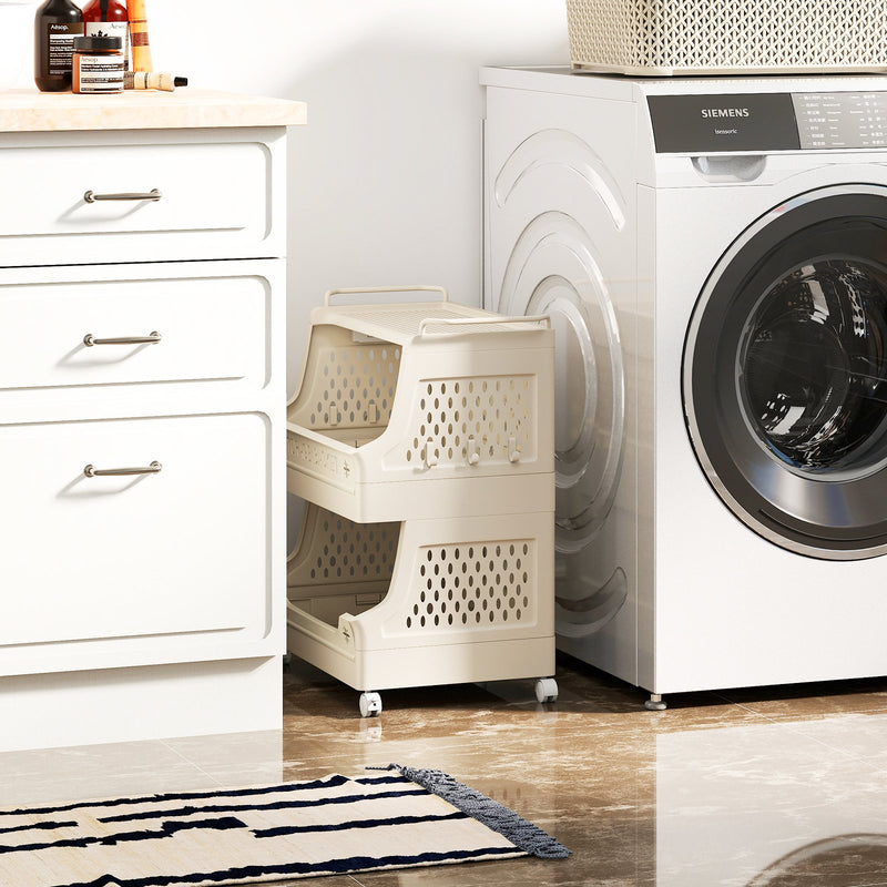 3-Tier Rolling Laundry Basket with Wheels Plastic Storage Cart with Side Hooks