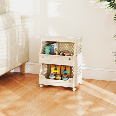 3-Tier Rolling Laundry Basket with Wheels Plastic Storage Cart with Side Hooks