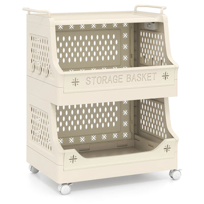 3-Tier Rolling Laundry Basket with Wheels Plastic Storage Cart with Side Hooks
