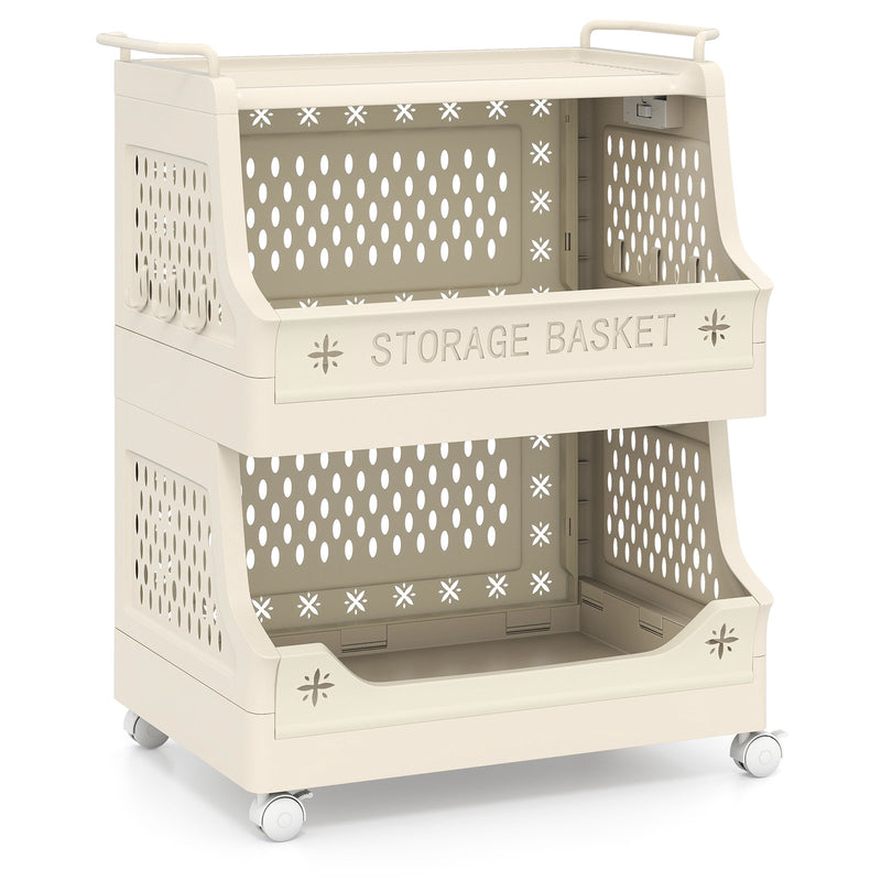 3-Tier Rolling Laundry Basket with Wheels Plastic Storage Cart with Side Hooks