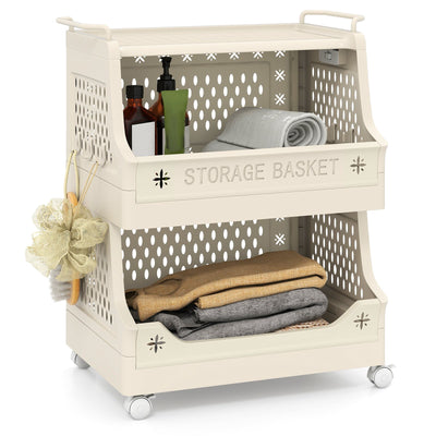 3-Tier Rolling Laundry Basket with Wheels Plastic Storage Cart with Side Hooks