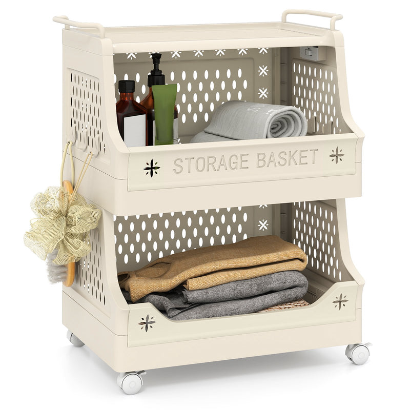 3-Tier Rolling Laundry Basket with Wheels Plastic Storage Cart with Side Hooks