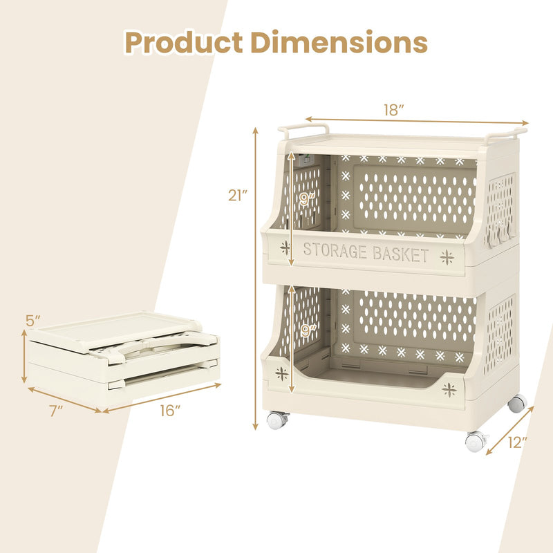 3-Tier Rolling Laundry Basket with Wheels Plastic Storage Cart with Side Hooks
