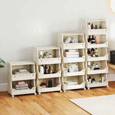3-Tier Rolling Laundry Basket with Wheels Plastic Storage Cart with Side Hooks