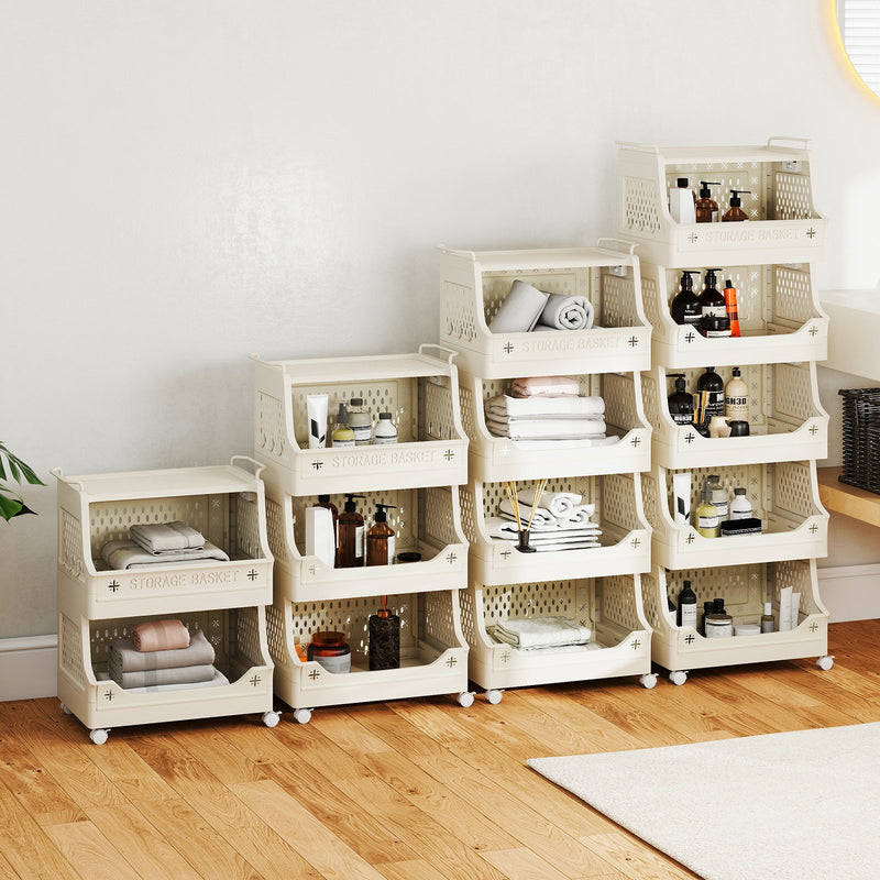 3-Tier Rolling Laundry Basket with Wheels Plastic Storage Cart with Side Hooks