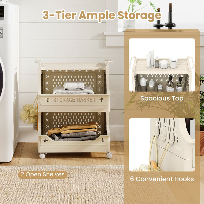 3-Tier Rolling Laundry Basket with Wheels Plastic Storage Cart with Side Hooks