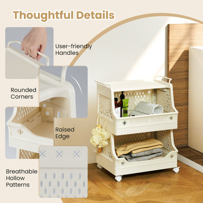 3-Tier Rolling Laundry Basket with Wheels Plastic Storage Cart with Side Hooks