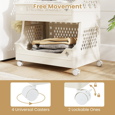3-Tier Rolling Laundry Basket with Wheels Plastic Storage Cart with Side Hooks
