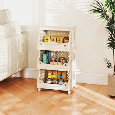 4-Tier Rolling Laundry Basket with Wheels Plastic Storage Cart with Side Hooks