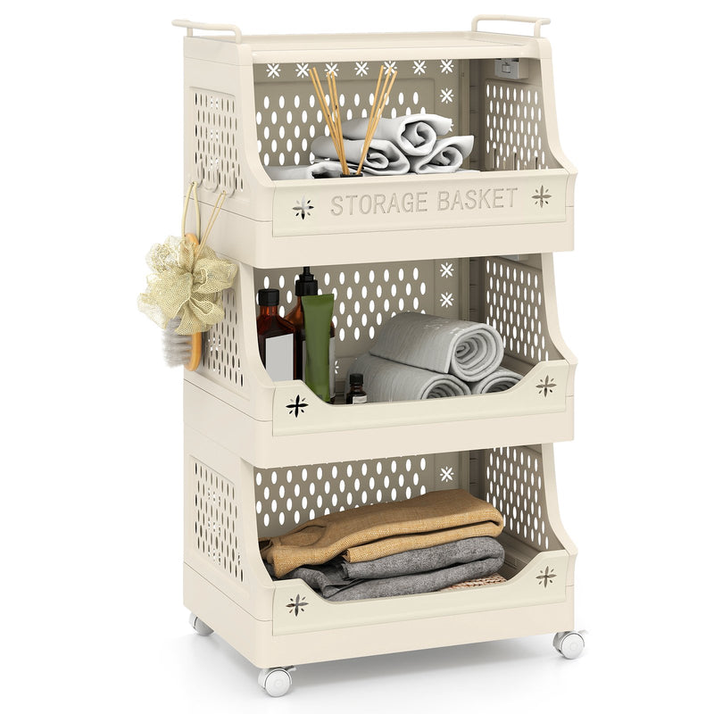 4-Tier Rolling Laundry Basket with Wheels Plastic Storage Cart with Side Hooks