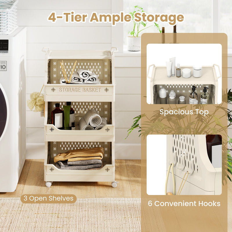 4-Tier Rolling Laundry Basket with Wheels Plastic Storage Cart with Side Hooks