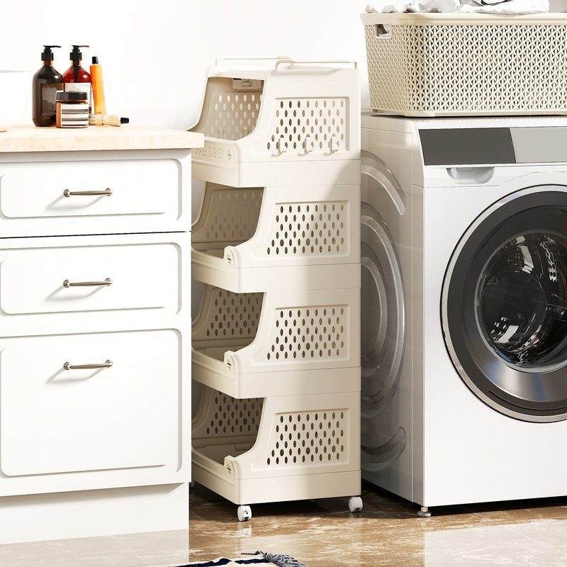 5-Tier Rolling Laundry Basket with Wheels Plastic Storage Cart with Side Hooks