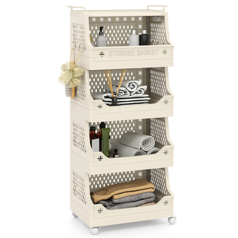 5-Tier Rolling Laundry Basket with Wheels Plastic Storage Cart with Side Hooks