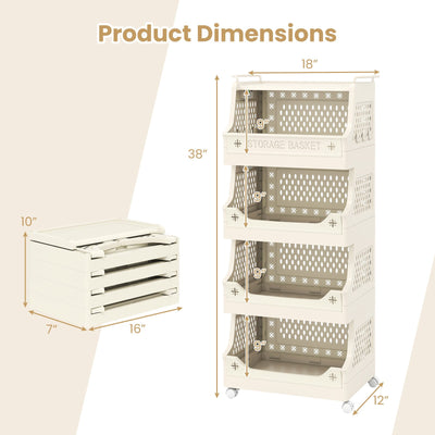 5-Tier Rolling Laundry Basket with Wheels Plastic Storage Cart with Side Hooks