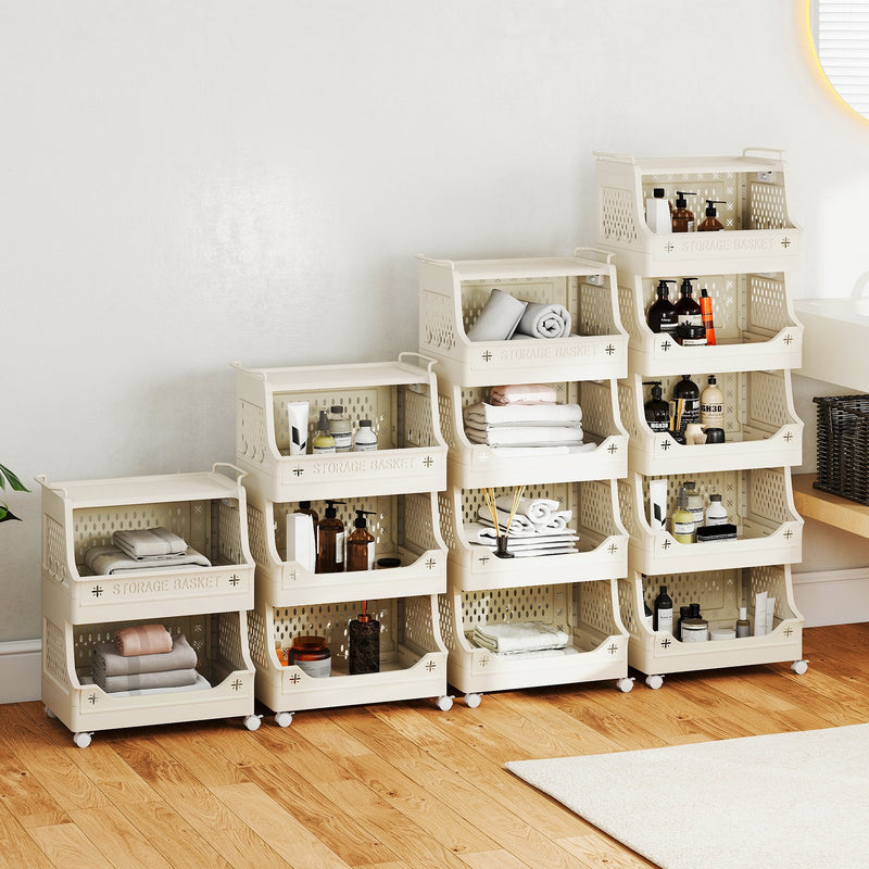 5-Tier Rolling Laundry Basket with Wheels Plastic Storage Cart with Side Hooks