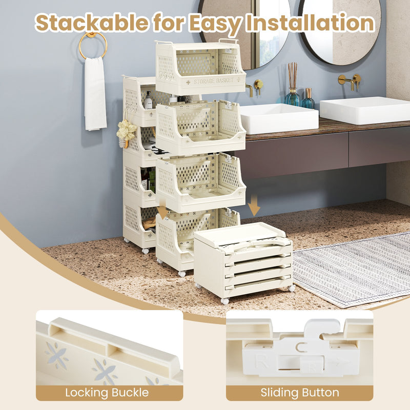 5-Tier Rolling Laundry Basket with Wheels Plastic Storage Cart with Side Hooks