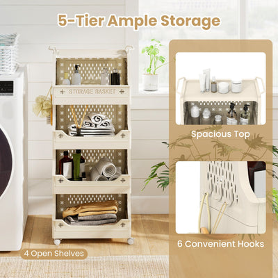 5-Tier Rolling Laundry Basket with Wheels Plastic Storage Cart with Side Hooks
